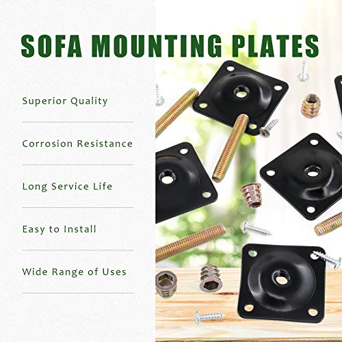 Keadic 8 Sets M8 Leg Mounting Plates, Furniture Leg Attachment Plates T-Plate Sofa Legs with Hanger Bolts for Furniture Sofas Couches Seats (Black)