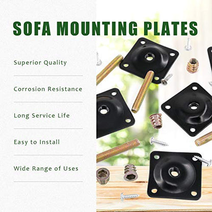 Keadic 8 Sets M8 Leg Mounting Plates, Furniture Leg Attachment Plates T-Plate Sofa Legs with Hanger Bolts for Furniture Sofas Couches Seats (Black)