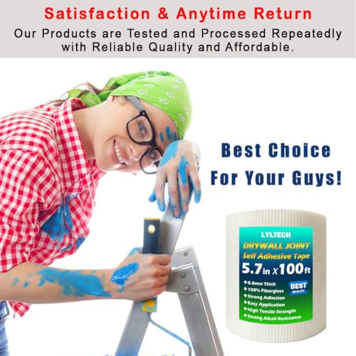 LYLTECH Drywall Joint Tape- 5.7in X 100 ft,13 MESH,100% Fiberglass,Heavy-Duty Self-Adhesive Wall Crack and Seam Patch