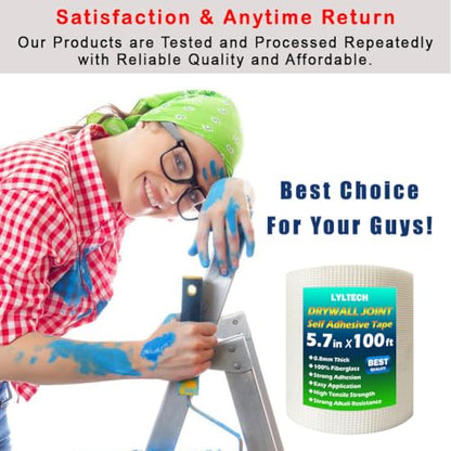 LYLTECH Drywall Joint Tape- 5.7in X 100 ft,13 MESH,100% Fiberglass,Heavy-Duty Self-Adhesive Wall Crack and Seam Patch