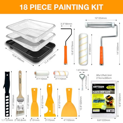 King Origin 18 Pcs Paint Roller Kit - 9" & 4" Paint Roller Covers, Paint Tray with Liners, Brush, Scrapers & Tools | All-in-One Painting Supplies for Walls, Ceilings, DIY Home | Paint Kit for House - color: 18 Pack, 9" & 4" roller