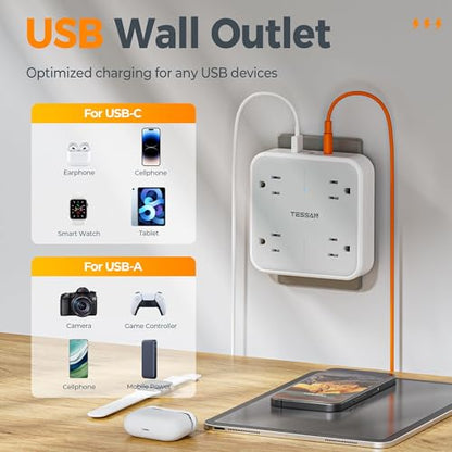 TESSAN Multi Plug Outlet Extender, Surge Protector Splitter with 3 USB (1 USB C Port) Wall Charger, Multiple Expander for Travel, Home, College Dorm Room - style: 1 USB C