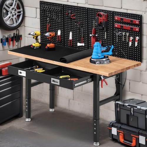 ENJOYWOOD 60" Adjustable Height Workbench with Drawers, Rubberwood Top, Pegboard & Power Outlets, Heavy Duty Work Table for Garage, Workshop & Home - size: XX-Large