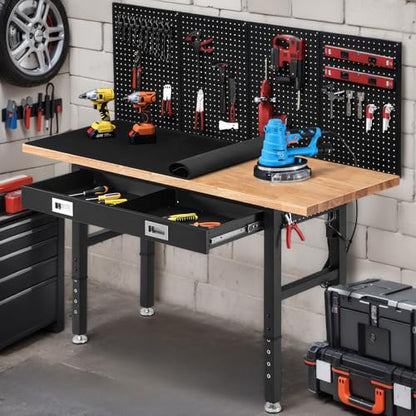 ENJOYWOOD 60" Adjustable Height Workbench with Drawers, Rubberwood Top, Pegboard & Power Outlets, Heavy Duty Work Table for Garage, Workshop & Home - size: XX-Large