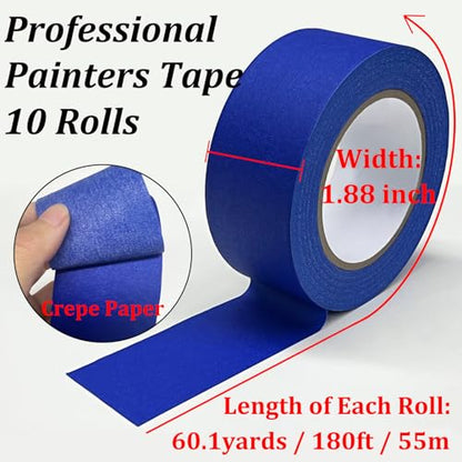 Premium Painter's Tape, 10 Rolls Blue Tapes Painters Tape, 1.88in x 60.1yds, General Purpose Masking Tape, Multi-Surface Painting Tape for Painter, DIY Crafts Arts, Indoor & Outdoor Use, Easy Removal - size: 10 Rolls, 1.88" x 60.1 Yds
