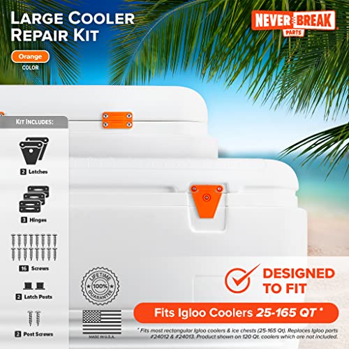 NeverBreak Parts - Igloo Cooler Replacement Parts - Large Repair Kit | High Strength Igloo Cooler Hinges Replacement with Latches | Ice Chest Repair Kit - color: Orange