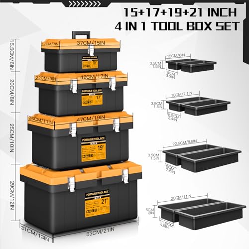 4-In-1 Tool Box Set,Toolbox with 8 Removable Trays,Top with Transparent Parts Box,15 IN+17 IN+19 IN+21 IN,Portable Tool Box Organizer with Metal Buckle,for Garage Tool Storage and Professional Work