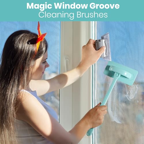 Window Screen Cleaner & Track Cleaning Kit – Mesh Screen Cleaning Brush + 3 Groove Brushes & 6 Replacement Cleaning Cloths – 14.8″ Detachable Long-Reach Handle, Wet & Dry Dual-Use