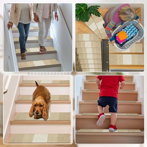 OLANLY Stair Treads Non Slip 15PCS, 8" x 30" Indoor Stair Runners for Wooden Steps, Edging Stair Rugs with Reusable Peel and Stick Adhesive for Kids Elders and Pets, Beige - color: Beige