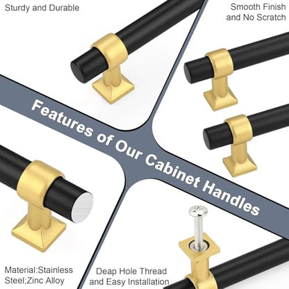 5Pack Hole Centers 2.5inch(64mm) Black Cabinet Handles with Brushed Brass Base T Shaped Kitchen Cabinet Pulls Hardware Pull Handle for Cabinets Dressers 4inch Total Length - color: Black with Brushed Brass Base, size: Hole Centers: 2.5inch