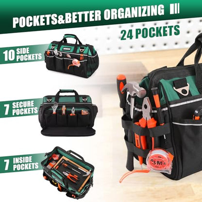 Heavy Duty Tool Bag 18-Inch,24-Pockets Portable Tool Bag Organizer, 1680D Oxford with Reinforced Base & Deep Pockets for Electricians, HVAC and Construction, Ideal Holiday Gifts for Men