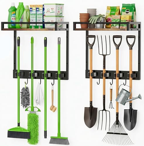 2 Packs Broom Holder Wall Mount with Shelf Load 66LBS Broom and Mop Organizer Wall Hanging Broom Hanger with 4 Mop Hanger Grippers, 3 Hooks for Laundry Room, Garage, Utility Closet, Kitchen - style: 2 Packs