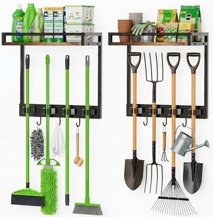 2 Packs Broom Holder Wall Mount with Shelf Load 66LBS Broom and Mop Organizer Wall Hanging Broom Hanger with 4 Mop Hanger Grippers, 3 Hooks for Laundry Room, Garage, Utility Closet, Kitchen - style: 2 Packs