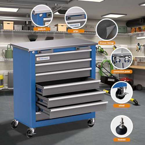LARBANKE 7-Drawer Rolling Tool Chest with Key Locking System,Tool Chest with 360° Lockable Wheels and Four Padded Feet,can be Formed into a Large Workbench,Tool Storage Chest for Garage Workshops