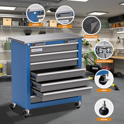 LARBANKE 7-Drawer Rolling Tool Chest with Key Locking System,Tool Chest with 360° Lockable Wheels and Four Padded Feet,can be Formed into a Large Workbench,Tool Storage Chest for Garage Workshops