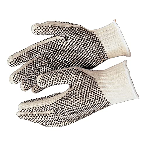 MCR Safety 9660LM Cotton/Polyester 7 Gauge PVC Dots 2-Sides Multi-Purpose Men's Gloves with White Hemmed Cuff, Natural, Large, 1-Pair