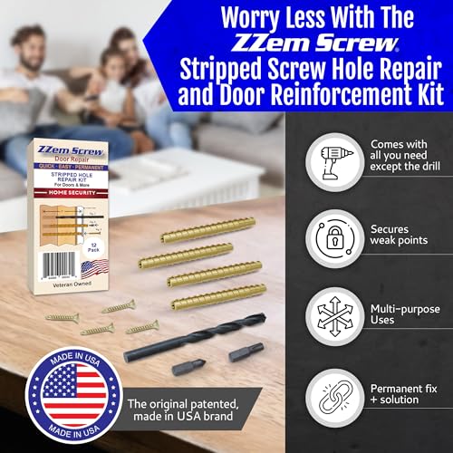 12-PK - #9x3 Brass Screws Permanent Door Hinge Repair Kit – Easy Stripped Screw Hole Fix – Reinforce Hinges, Strike Plates & Door Jamb – Quickly Fix Stripped Hinge Screws - Made in USA