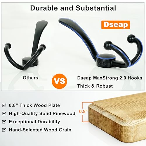 Dseap Coat Rack Wall Mounted - 24" Long 6 Tri Hooks, Heavy Duty Wooden Wall Coat Hanger Coat Hook for Clothes Hat Jacket Clothing, Natural and Black, Pack of 2 - color: Natural & Black, size: L=24"