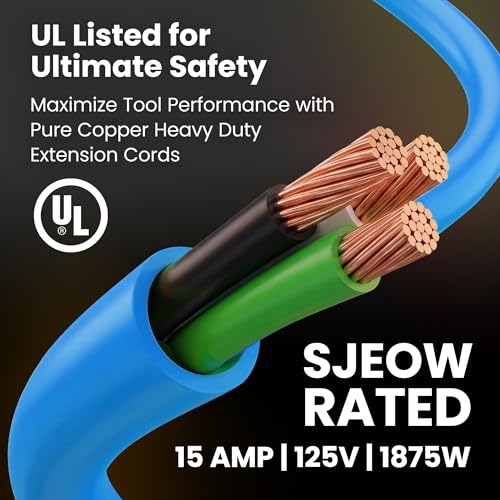 GEARit 100 ft Outdoor Extension Cord 14/3 Gauge SJEOW 14 AWG, 3-Prong Heavy Duty Power Cable with Lighted End, 15A 125V 1875W, Waterproof Cord for Tools, Lawn & Garden, Blue - size: 14 AWG Gauge, style: 100 Feet (SJEOW Rated)