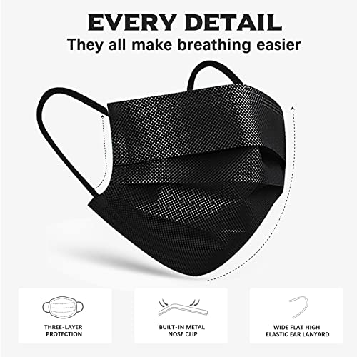 Wecolor 120 Pack Disposable Face Masks with Elastic Ear Loop, 3 Ply Breathable (Black) - color: Black, size: 1 Count (Pack of 120)