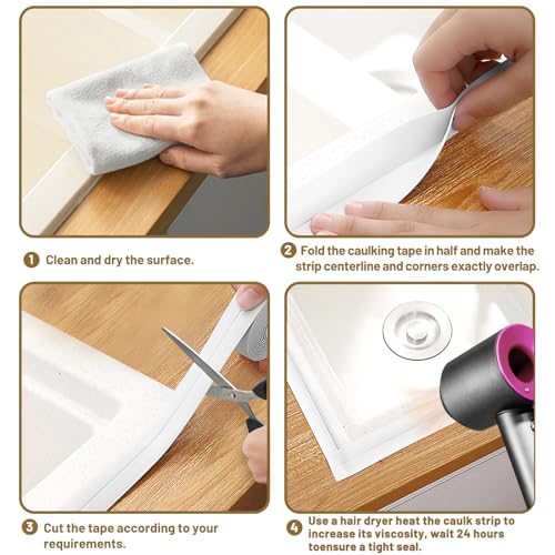 Caulk Tape Waterproof Self Adhesive, 2 Rolls Toilet Caulk Sealing Strip, Bathtub Caulking Sealant Tape for Kitchen, Bathroom, Countertop, Sink, Floor Wall Edge Protector(1.5" x 10.5Ft) - style: 2Pcs-White
