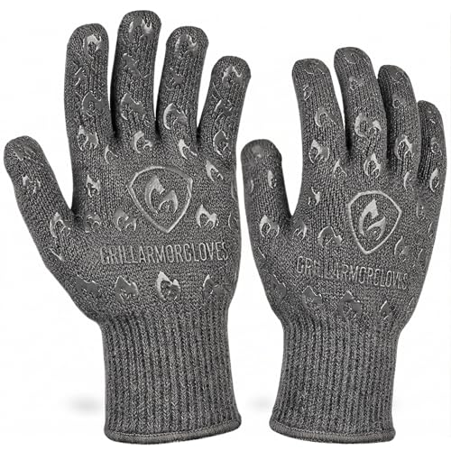 Oven Gloves with Fingers - 932°F Extreme Heat Proof and Cut Resistant Mitts for Kitchen, BBQ, Grill, Baking, Fire Pit - EN407 Certified with Non-Slip Silicone Grip and Cotton Lined for Comfort - color: Gray, size: X-large Standard Cuff