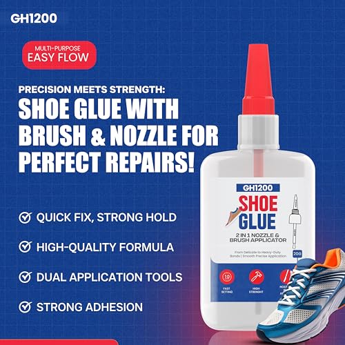 GH1200 20g Shoe Glue Heavy Duty with Brush Applicator & Nozzle, Shoe Glue Sole Repair, Fixes Sneakers, High Heels, Crocs & More, can Bear Extreme Conditions - style: 20g Shoe Glue Brush & Nozzle