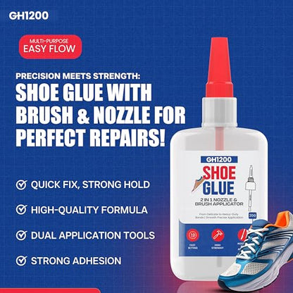 GH1200 20g Shoe Glue Heavy Duty with Brush Applicator & Nozzle, Shoe Glue Sole Repair, Fixes Sneakers, High Heels, Crocs & More, can Bear Extreme Conditions - style: 20g Shoe Glue Brush & Nozzle