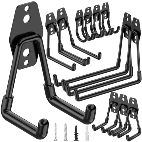 TICONN 12 Pack Heavy Duty Garage Hooks, Steel Utility Wall Storage Hooks, Wall Mount Hanger Organizer for Ladders, Bikes, Tools, Bulky Items (Black) - color: Black, size: Set-12pcs