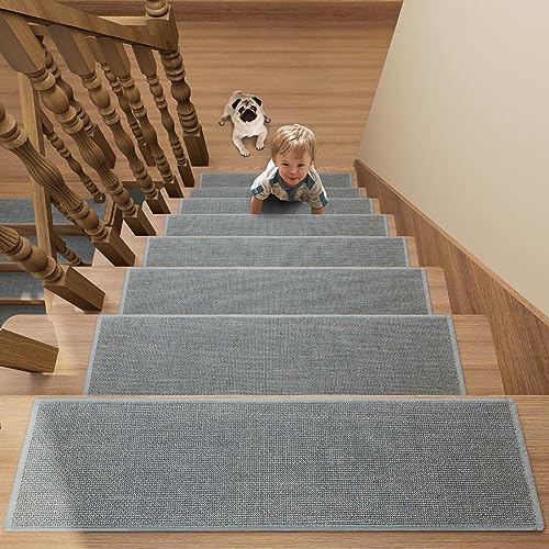 Stair Treads Carpet 4 pcs for Wooden Steps with Non Slip Rubber Backing, 100% Polyester Soft Stairs Resistant Indoor Skid Runner Safety Rugs for Kids Elders and Pets 30" * 8" (Gray-Dense Knitting) - color: Gray-dense Knitting, size: 30" x 8" (Oblong)