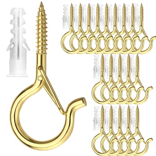 PlusRoc 20 Pack Ceiling Hooks for Hanging Plants Outdoor String Lights Heavy Duty, 2.2 Inch Eye Hook Screw in Cup Hooks Q-Hanger for Patio Lights, Wall Wood Fence Deck Mount(Gold) - color: Gold