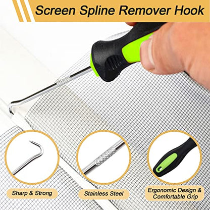 14Pcs Screen Repair Kit, Screen Repair Spline Tool 2Pcs Screen Rolling Tool with Bearing Spline Tools/Screen Spline Removal Hook/Groove Cleaning Brush/ 10Pcs Screen Installer Clips