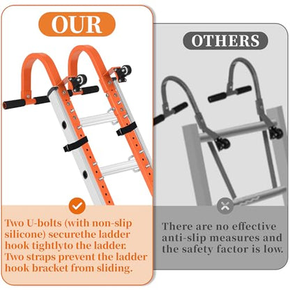 Ladder Roof Hook with Wheel Ladder Hooks for Roof Ridge, Ladder Roof Stabilizer Heavy Duty Steel, Rubber Grip T-Bar for Damage Prevention 9.4lb - size: For Roofs