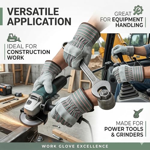 Work Gloves for Men, Durable Leather Mechanic Gloves with Rubberized Safety Cuff - color: Blue
