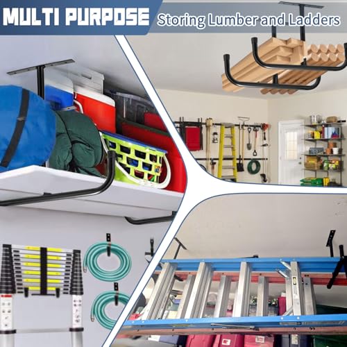 2 Pack Overhead Garage Storage Rack with 6 J Hooks, 66Lbs/Ceiling Rack & 45Lbs/Hook, Heavy Duty Garage Ceiling Storage for Lumber, Ladder, Bike