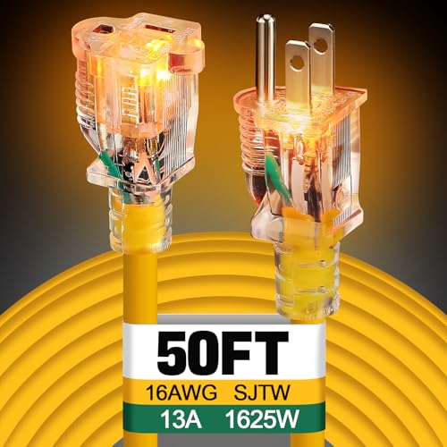 Lighted End Outdoor Extension Cord Waterproof -16AWG, 3 Prong, 13A, 1625W, Flexible Yellow Power Extension Cord for Outsides, 50ft - color: Yellow, size: 50ft