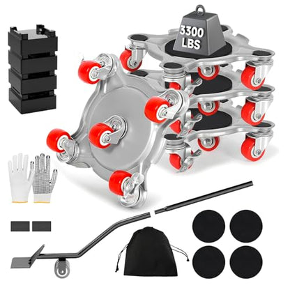 Upgrade 3000LBS Heavy Duty Furniture Dolly & Movers, 6.3" Carbon Steel Panel with 5 360° Rotatable Rubber Universal Wheels, Includes Non-Slip Sliders & Lifter Tool for Moving Pianos, Sofa, Appliances - color: Red Wheel(standard)