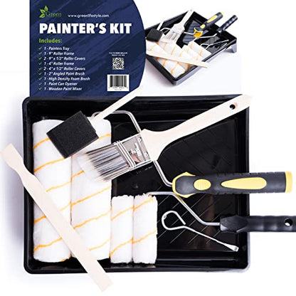 All Purpose Canvas Drop Cloth 12x15 Tarp, Canvas Fabric Drop Cloth Curtains, Drop Cloth for Painting & Painting Tool Kit with Roller Covers, Roller Frames, Brushes and Tray for Household Painting