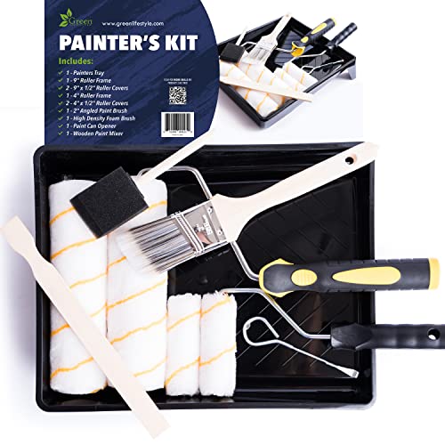All Purpose Canvas Drop Cloth 9x12 Tarp, Canvas Fabric Drop Cloth Curtains, Drop Cloth for Painting & Painting Tool Kit with Roller Covers, Roller Frames, Brushes and Tray for Household Painting