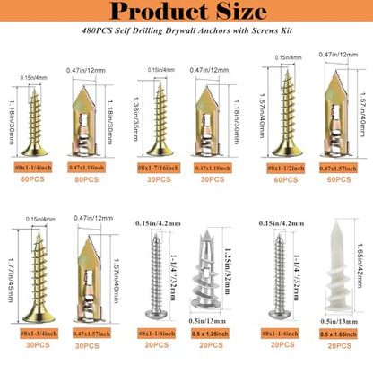 480 PCS Self Drilling Drywall Anchors Kit with Screws - 4 Sheetrock Anchors & 5 Screw Sizes (2025 Upgraded), No Drill Needed, Zinc Plated Steel and Plastic, Heavy Duty Wall Anchors - size: KIT-480PCS