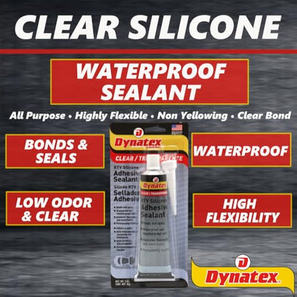 Dynatex 143372 Clear RTV Silicone Adhesive/Sealant, 85g Waterproof RTV Sealant, Single Component RTV Silicone Sealant, Permanent Flexibility, Insulates Thermally and Electrically