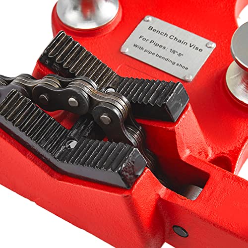 Mophorn Screw Bench Chain Vise 1/8 to 5-Inch Pipe Capacity, Heavy Duty Bench Chain Pipe Vise with Crank Handle, Neoprene-Coated Jaw, Cast Iron Material Ideal for a Variety of Pipes - size: 1/8" - 5" Bench Mount