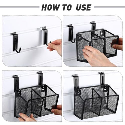 4 Set Slatwall Bins with Metal Hooks Mesh Wirewall Mounted Hanging Holder Containers Storage Organizer Slatwall Accessories for Craft Garage Tool Storage Room Panel Classroom Home