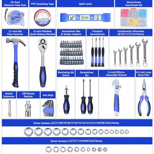 jar-owl Home Tool Kit Tool Set 146 Pieces Metric Household Hand Tool Kit，Auto Repair Tool Set with Portable Toolbox for Homeowner, Diyer, Handyman