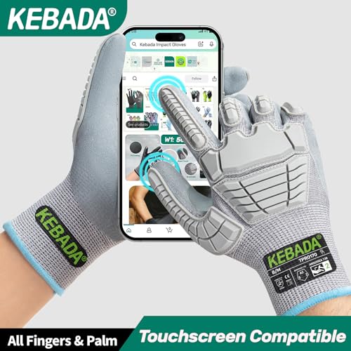 Kebada Impact Protection Gloves, ANSI A2 Cut Resistant Work Gloves with Grip, Touchscreen, Sandy Nitrile Coated - color: Grey (1 Pair), size: X-Large
