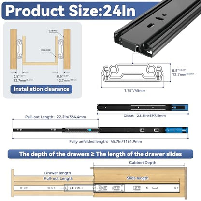 ToBeGreat Push to Open Soft Close Drawer Slides 24 Inch Side Mount Dresser Runner Black,2/3 Full Extension Ball Bearing 100 LB Kitchen Nightstand Glides Rails 1 Pair - color: Black(Push to Open & Soft Close)-1 pair, size: 24 Inch