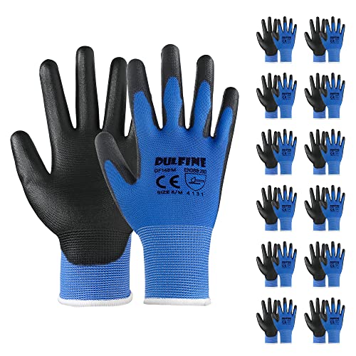 DULFINE Safety Work Gloves PU Coated-12 Pairs,Blue Seamless Knit Glove with Polyurethane Coated Smooth Grip on Palm & Fingers, for Men and Women, Ideal for General Duty Work (Small) - color: Blue, size: Small