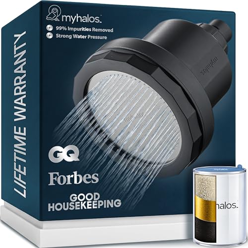 MyHalos® Filtered Shower Head for Hard Water Filter - High Pressure, Removes Chlorine - Shower Head Filter for Hard Water Softener Showerhead, Easy Install, For Hair & Skin, Filtering (Black) - color: Black