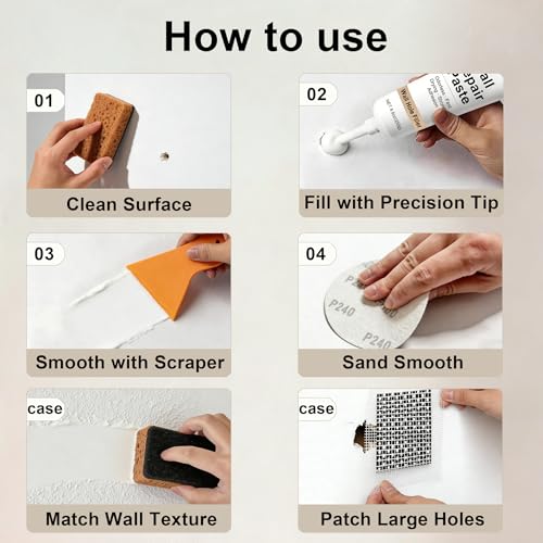 Wall Repair Paste – 2 Pack 250g (500g Total) Spackle for Nail Holes and Cracks, Zero VOC Odorless Wall Filler with 2 Inch Patches, Scraper, Sandpaper, Gloves, Fast Drying Paintable Compound