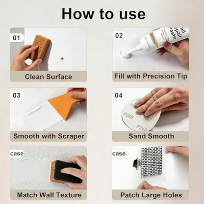Wall Repair Paste – 2 Pack 250g (500g Total) Spackle for Nail Holes and Cracks, Zero VOC Odorless Wall Filler with 2 Inch Patches, Scraper, Sandpaper, Gloves, Fast Drying Paintable Compound